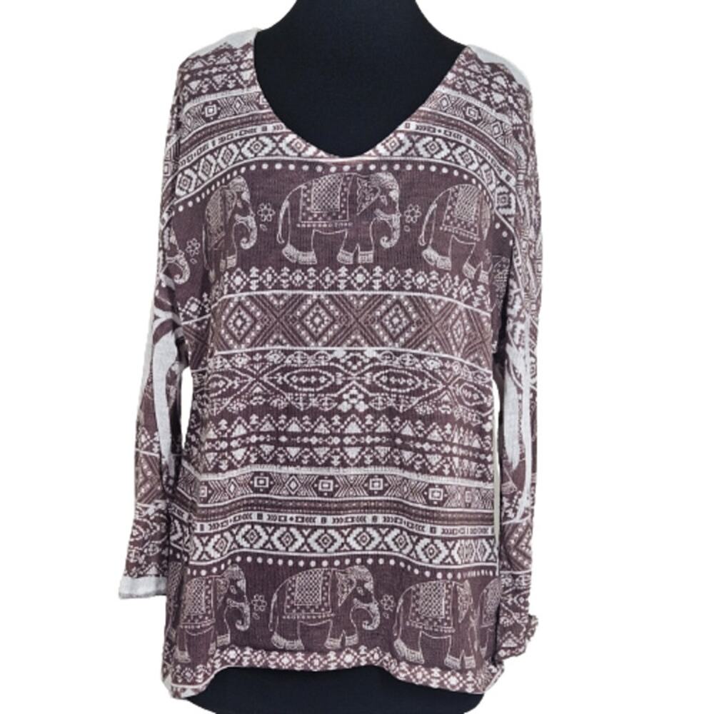 Elephant Print Long Sleeve Top with Crisscross Back Size Large